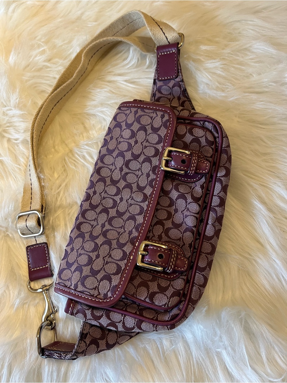 Coach Plum Signature Canvas Crossbody Sling with Leather Trim